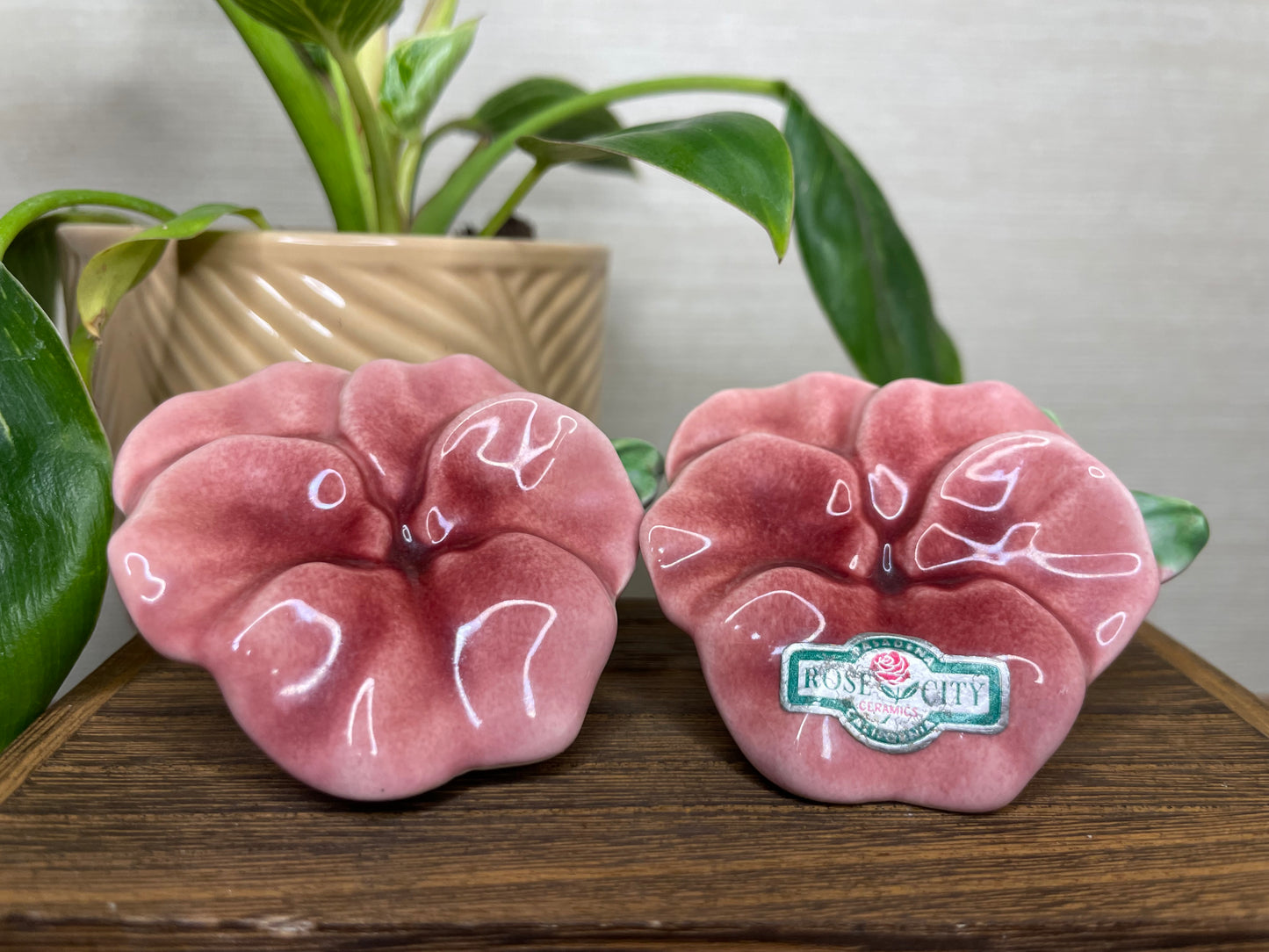Vintage Pink Morning Glory Salt & Pepper Shakers with Sticker on it