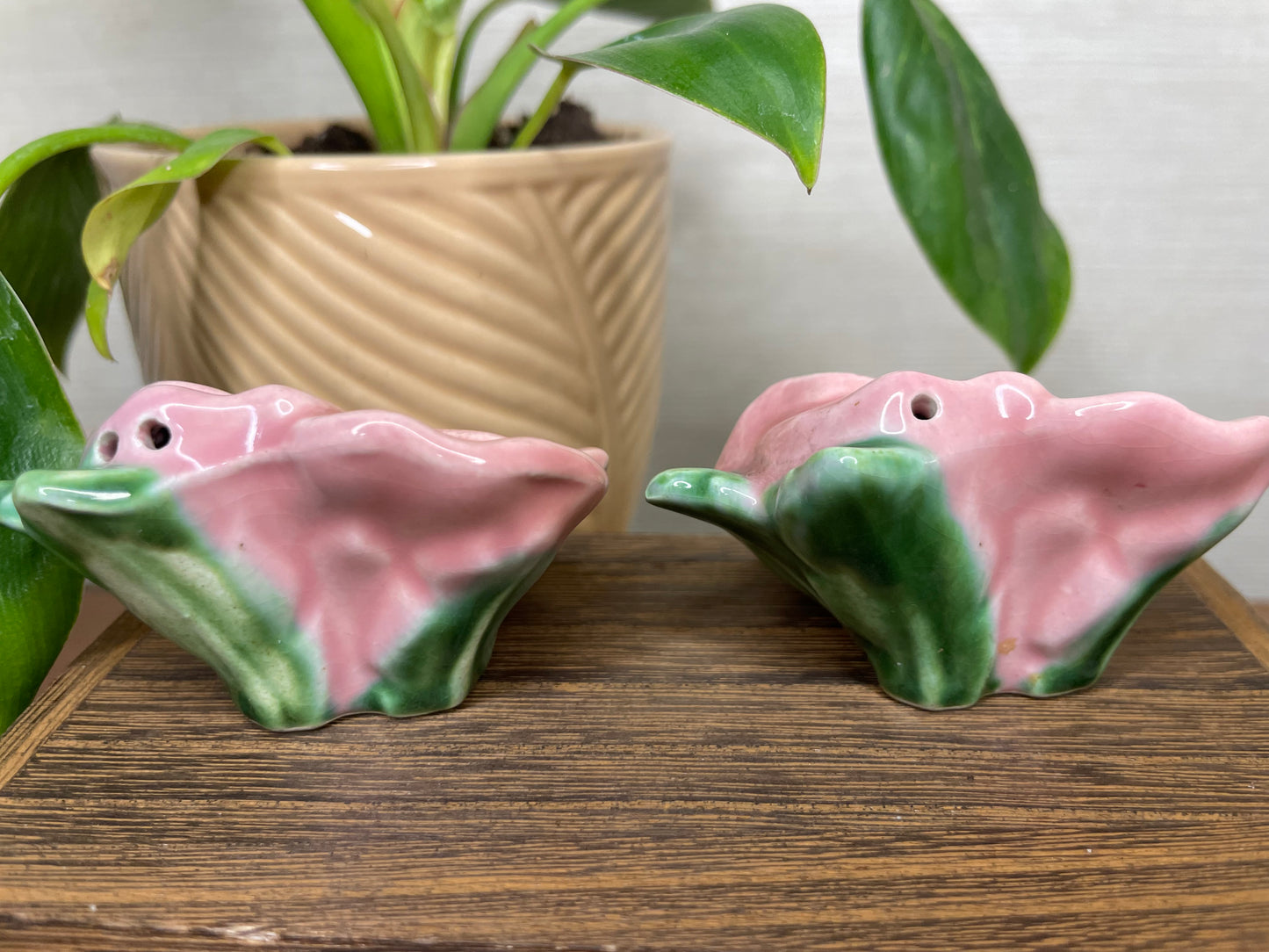Vintage Pink Morning Glory Salt & Pepper Shakers with Sticker on it