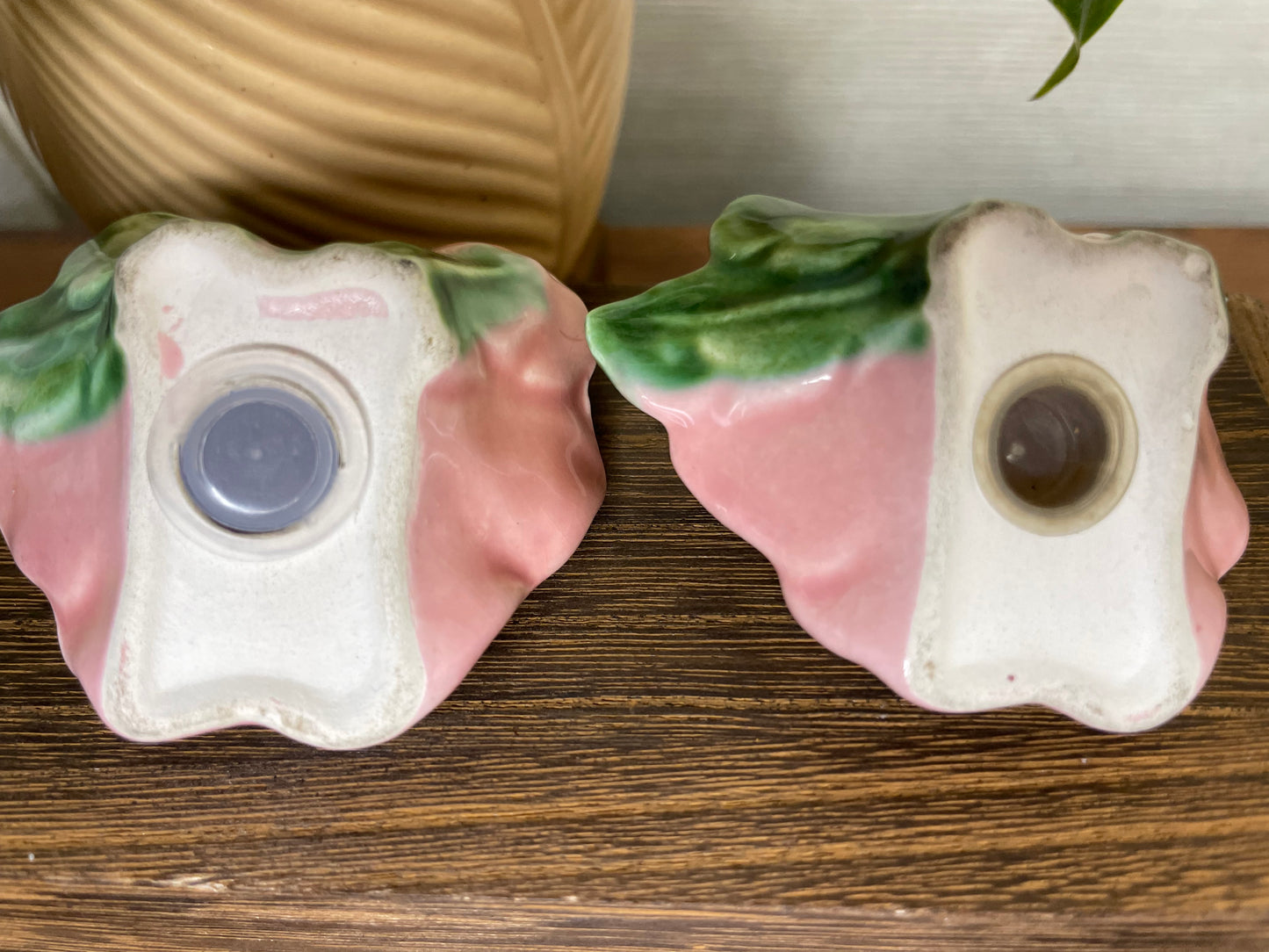 Vintage Pink Morning Glory Salt & Pepper Shakers with Sticker on it