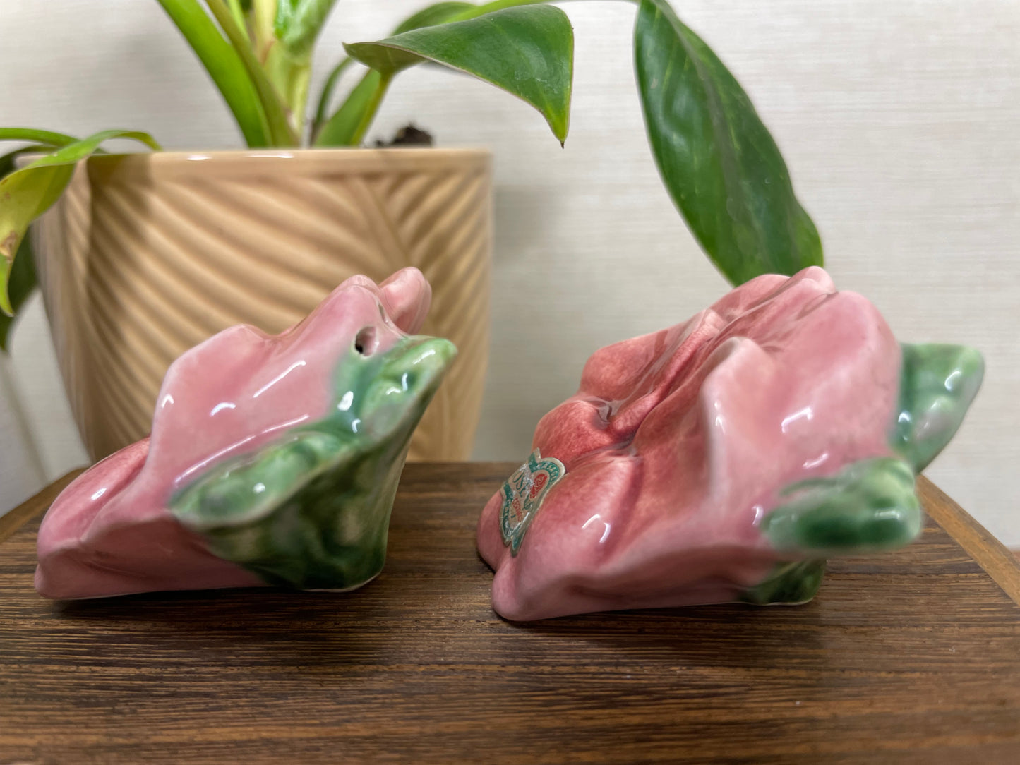 Vintage Pink Morning Glory Salt & Pepper Shakers with Sticker on it