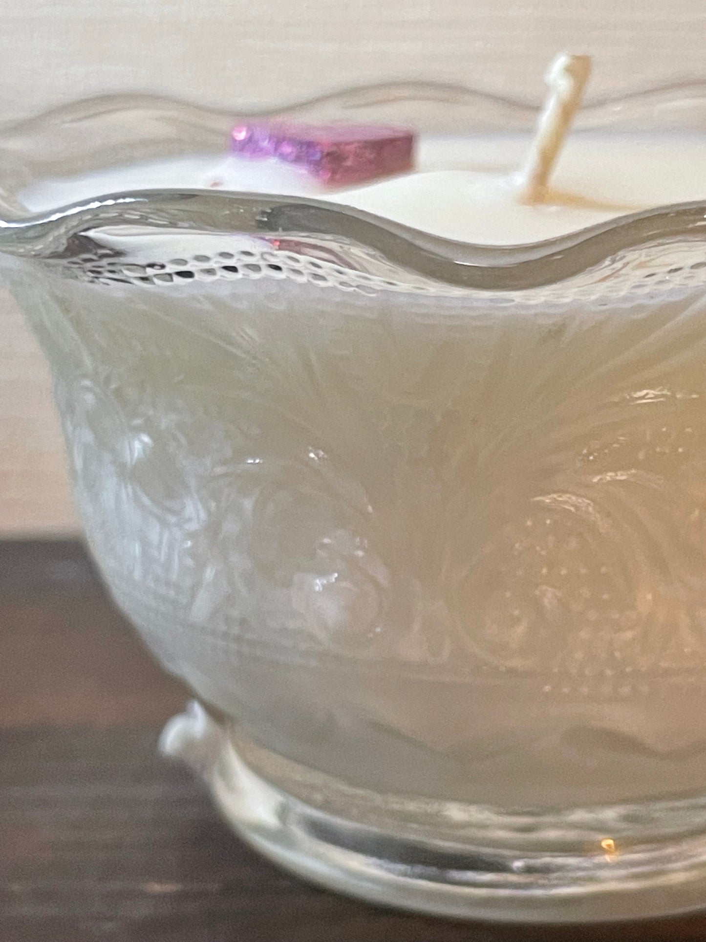 Tiara Chantilly Clear Ruffled Desert Dish Scented Soy Candle; XOXO