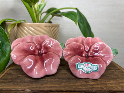 Vintage Pink Morning Glory Salt & Pepper Shakers with Sticker on it