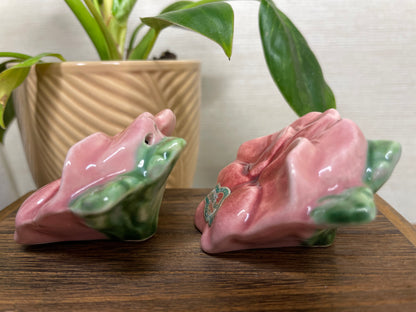 Vintage Pink Morning Glory Salt & Pepper Shakers with Sticker on it