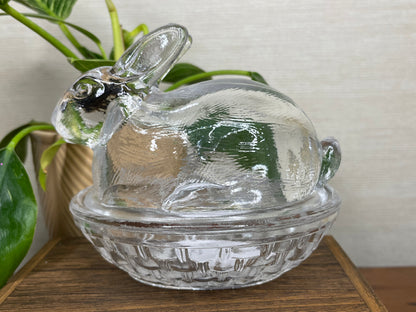 Vintage Clear Glass Bunny on a Nest Covered Candy Dish