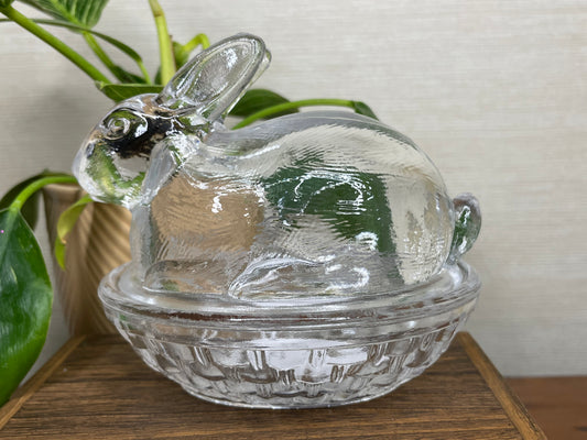 Vintage Clear Glass Bunny on a Nest Covered Candy Dish