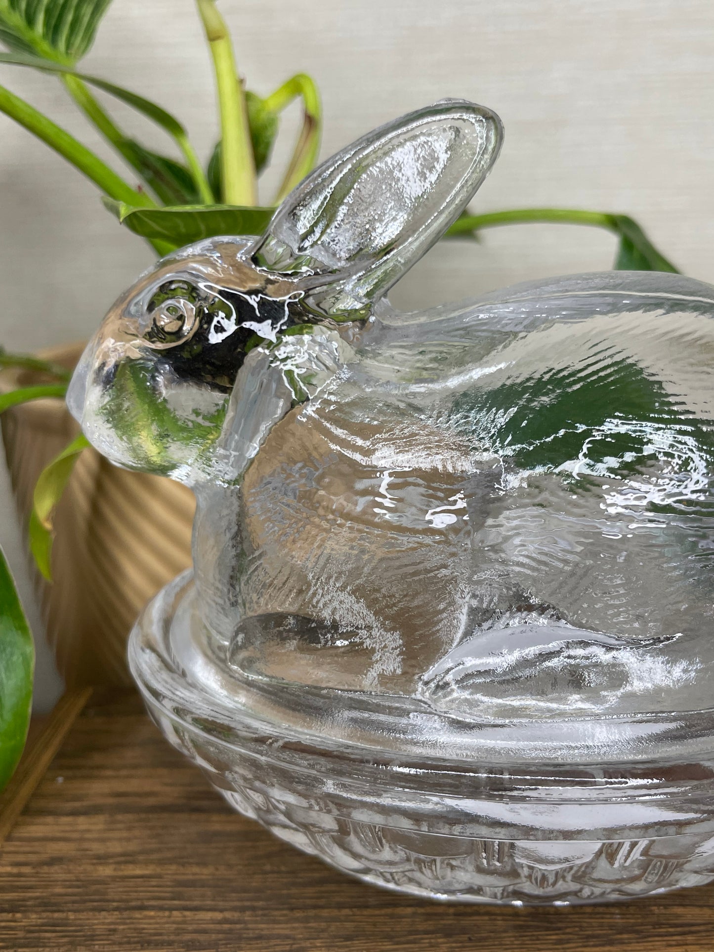 Vintage Clear Glass Bunny on a Nest Covered Candy Dish