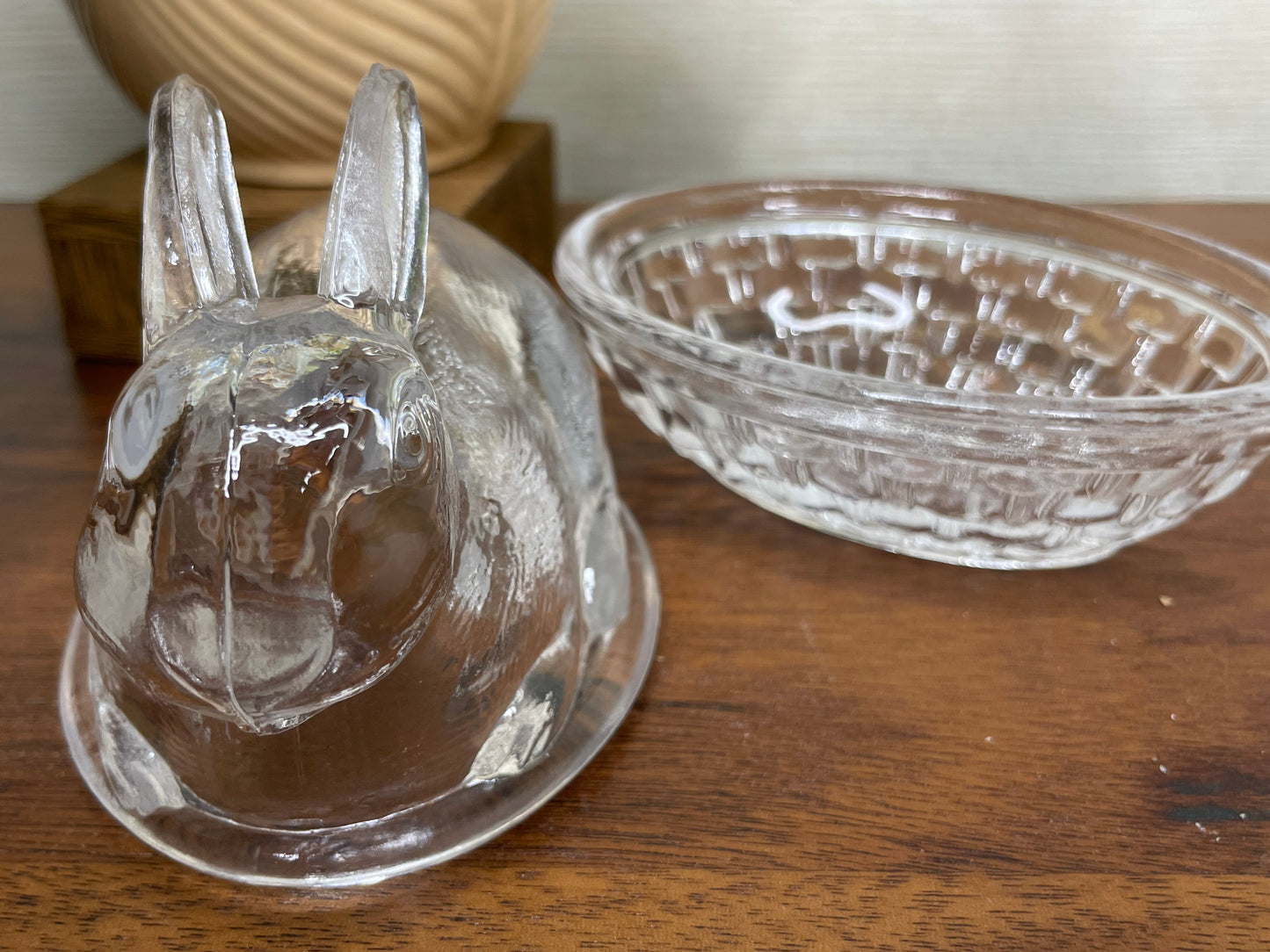 Vintage Clear Glass Bunny on a Nest Covered Candy Dish