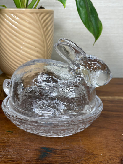 Vintage Clear Glass Bunny on a Nest Covered Candy Dish